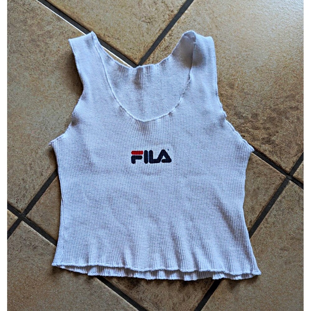 FILA Vintage Tank One Size White Waffle Knit Cropped Crop Top 100% Cotton USA